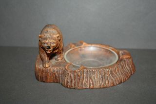 Vintage Resin Faux Wood Look Bear Ashtray With Glass Insert Cabin Decor
