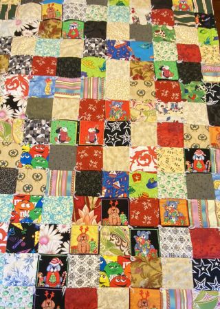 Vintage Patchwork Child’s Quilt 44 X 32 Handmade Tied Fun Fabrics Cats Dogs M&m