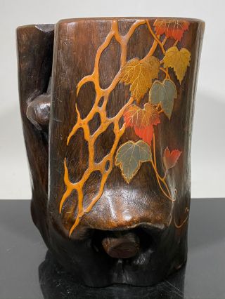 Vtg Japanese? Maple Leaf Painted Wood Tree Trunk W/ Copper Insert Brush Pot Vase