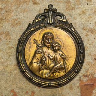 Antique Bronze Medal St Joseph Christ Child Catholic Signed Rufony France