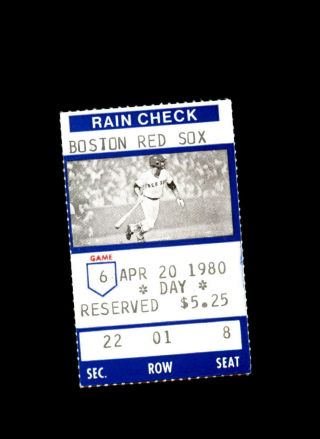 Boston Red Sox Ticket Stub Fenway April 20 1980 4/20/80 Vs.  Texas Rangers