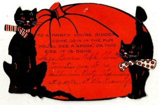 Vintage Halloween Party Invitation With Jol Black Cats; Made In Usa