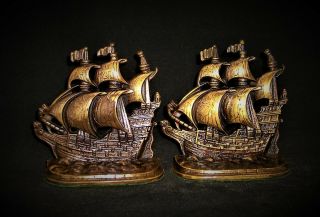 Vintage Bookends.  A Galleon In The Time Of Elizabeth.  Ca.  1925