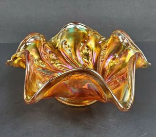Antique Imperial Marigold Carnival Glass Acanthus Swirl Plume Deep Ruffled Bowl