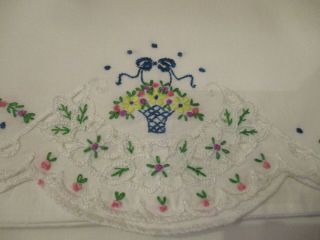 Vintage Hand Embroidered Pillow Cases,  Basket Of Flowers