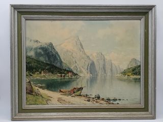 Vintage Landscape Painting On Board - Mountain Trees Lake Boat Signed