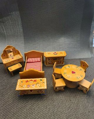 Vintage Miniature Dollhouse Furniture Wood With Red Hearts Bedroom,  Dining Set.