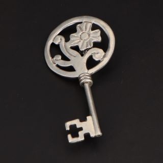 Vtg Sterling Silver - Mexico Taxco Etched Flower Skeleton Key Brooch Pin - 11g