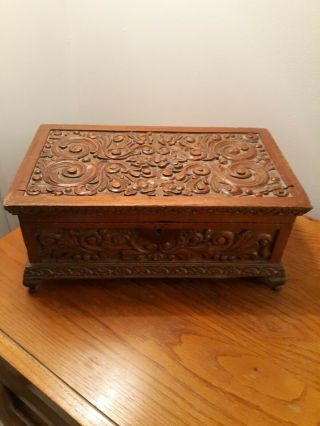 Antique Primitive Folk Art Wood Carved Footed Box