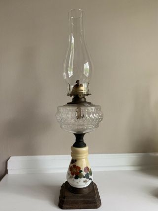 Antique P& A Eagle Hand Painted Milk Glass Pedestal Stem Oil Lamp 22.  75”