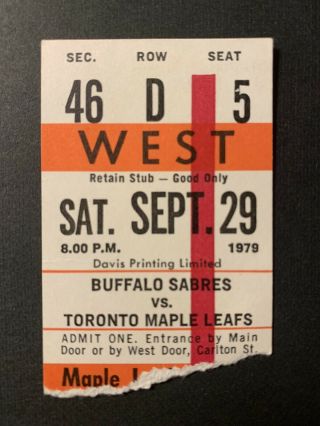 9/29/79 Nhl Toronto Maple Leafs Ticket Stub Vs Buffalo Sabres Mlg