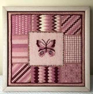Vintage Framed Needlepoint Crewel Embroidery Wall Hanging Art Squares Butterfly