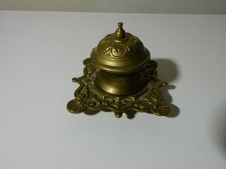 Ornate Antique Brass Ink Well With Porcelain Insert - Shells & Scrolls Design
