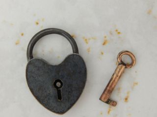 Antique Vintage Sterling Silver Tiny Heart Shape Padlock With Key