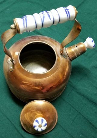 Vintage Copper Tea Pot with Ceramic Handle Blue White Mid Century 3