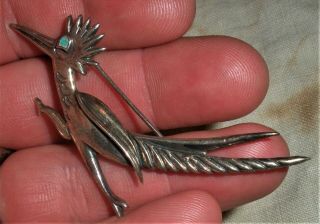 Vintage Large Navajo Turquoise Roadrunner Bird Sterling Silver Pin Brooch Vafo