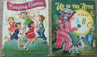 2 Vintage Little Golden Books Up In The Attic A Story Abc,  Singing Games