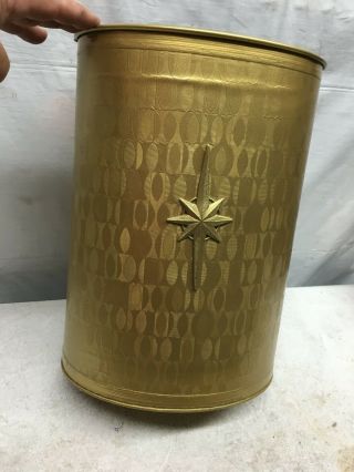 Vintage Mid Century Gold Tone Metal Atomic Trash Can With Star 13in Tall