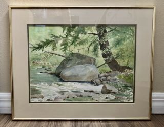 Vintage Gorgeous Woodland River Watercolor - G.  Bessette Signed & Framed