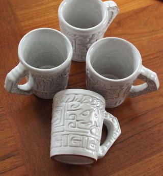 Vintage Frankoma Terra Cotta White Glazed Aztec Mayan Coffee Mugs (4)