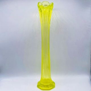 Antique Canary Yellow Vaseline Glass Tall Swung Octagonal Base Vase 12 1/2”h 3”w