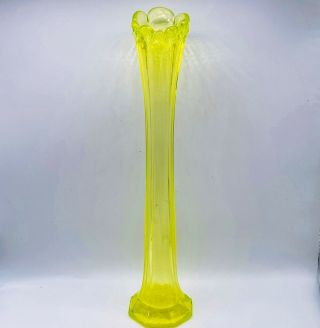 Antique Canary Yellow Vaseline Glass Tall Swung Octagonal Base Vase 12 1/2”H 3”W 3