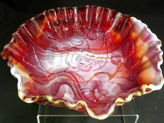 Antique Imperial Opaque Red & White Slag Glass Large 9” Open Rose Bowl Ig Logo