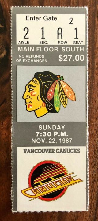 Nhl Vancouver Canucks Vs Chicago Black Hawks Ticket Stub - November 22,  1987