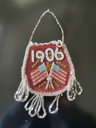 Antique Vintage Native American Beaded Bag Coin Purse Pouch 1906