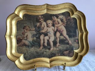 Large Vintage Italian Florentine Gold Toleware Tray Putti Cherubs Angels 18 X 14