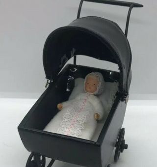 Miniature Dollhouse Stroller With Baby,  Blanket,  Pillow And Bonnet