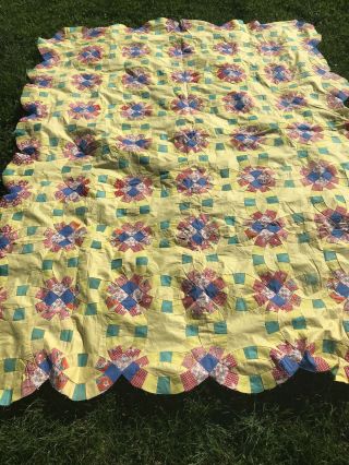 Vintage Hand Stitched Yellow Colorful Quilt Top Very