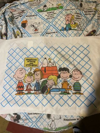 Vintage 1971 Peanuts Charlie Brown Snoopy Full Fitted Sheet And Pillow Case