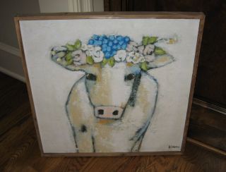 Big Canvas Cow Picture Blues Floral Primitive/french Country/farmhouse Decor