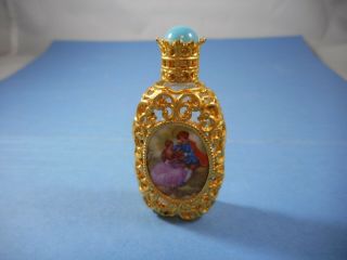 A Vintage Limoges Victorian Couple Porcelain Decorated Glass Scent Bottle