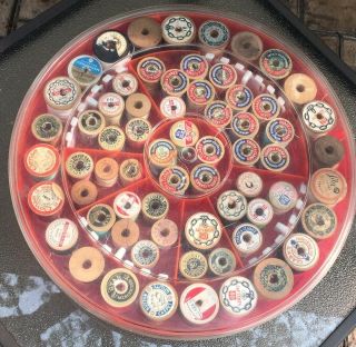 Vintage Plastic Container W/ 70 Wooden Spools Thread Silk & Cotton Assorted 12”