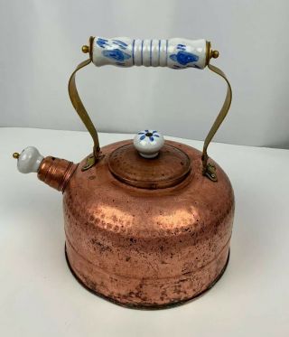 Vintage Copper Tea Pot With Ceramic Handle Blue White Mid Century