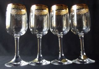 4 Gorgeous Vintage Italian Cellini Etched Crystal Wine Glasses W/ 24k Gold Rims