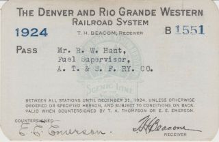 Denver & Rio Grande Western Rr Annual Pass 1924