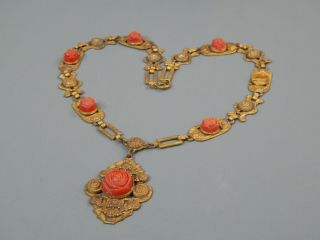 Antique 1860 ' s Victorian Celluloid Faux Coral Carved Rose Brass Panel Necklace 2