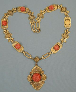 Antique 1860 ' s Victorian Celluloid Faux Coral Carved Rose Brass Panel Necklace 3