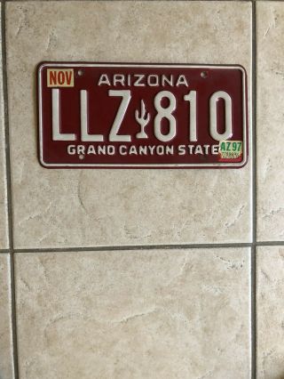 Vintage 1989 Version Of The White On Maroon Arizona " Cactus " License Plate