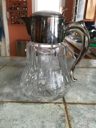 Vintage German Cut Crystal And Silver Plate Water Pitcher With Ice Holder