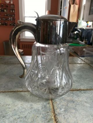 Vintage German Cut crystal and Silver Plate water pitcher with ice holder 2