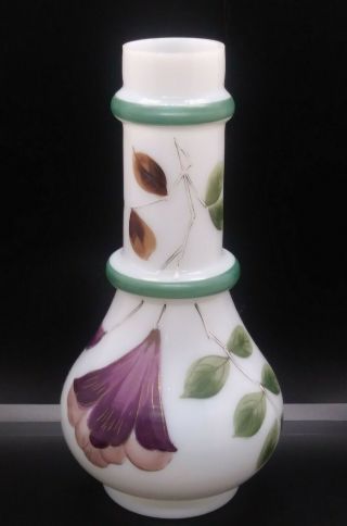 Antique Hand Blown Glass Vase Hand Painted Purple Flower 7.  5 " Tall