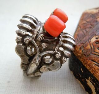 Antique Chinese Sterling Carved Moth & Coral Barrel Bead Ring,  Size 8 Approx.