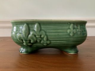 Vintage Mccoy Green Oval Ceramic Raised Fleur De Lis Footed Garden Pot Planter