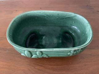 Vintage McCoy Green Oval Ceramic Raised Fleur De Lis Footed Garden Pot Planter 2
