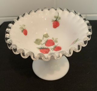 Vintage Antique Fenton Silvercrest Milk Glass Compote Enamel Strawberries