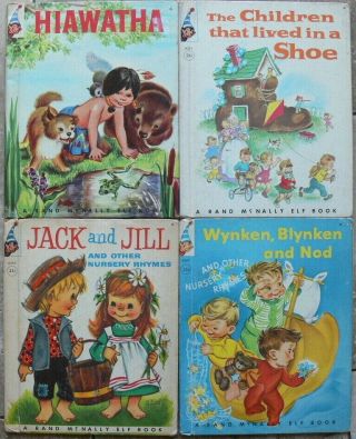4 Vintage Rand Mcnally Elf Books Hiawatha,  Jack And Jill,  Wynken Blynken & Nod